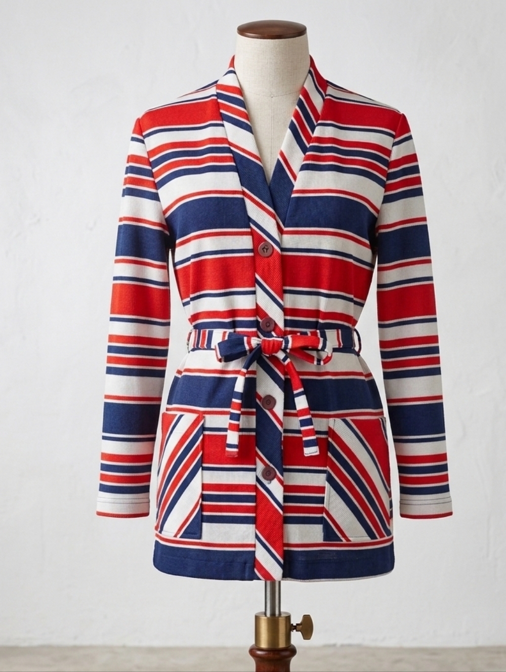 Vintage 70s Nautical Striped Belted Tunic‎ Top With Pockets Coastal Retro Mod